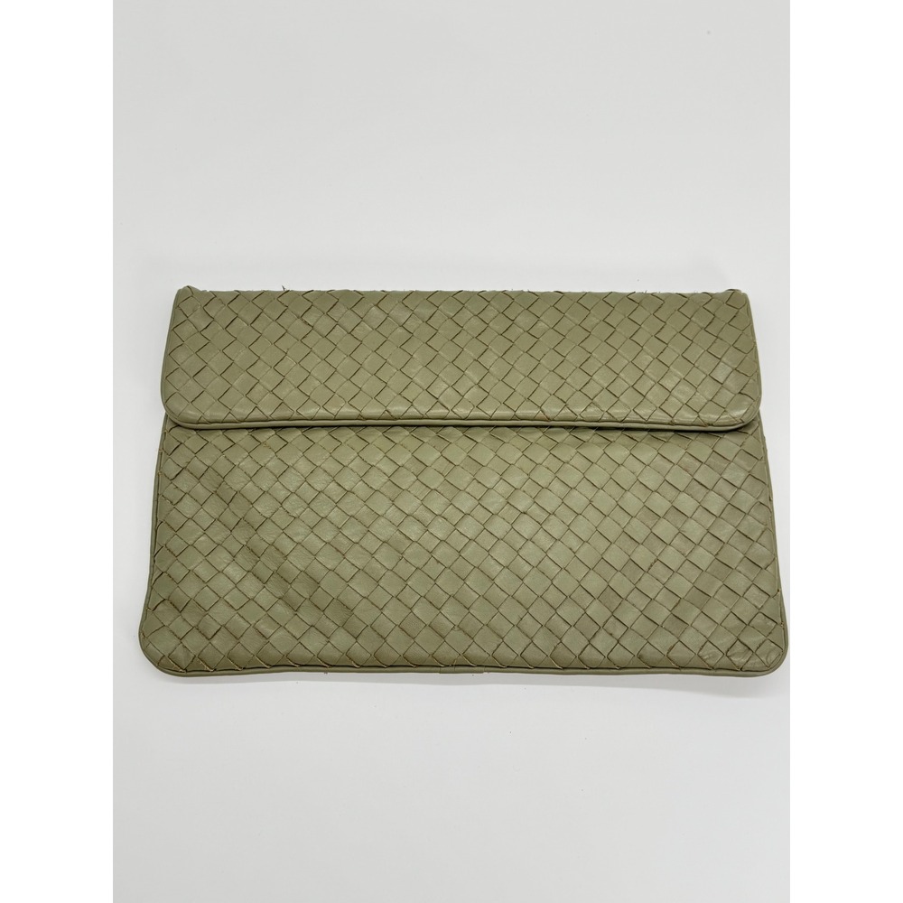 Meyers USA Vintage Woven Leather Clutch Bag Olive Green Intrecciato Flap Handbag - Picture 1 of 9